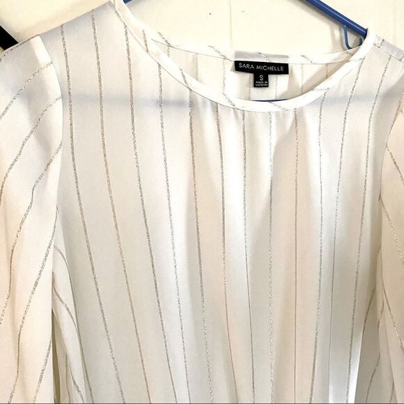SARA MICHELLE SILKY WHITE BLOUSE WITH METALLIC SILVER PINSTRIPES S NWOT - Picture 9 of 13